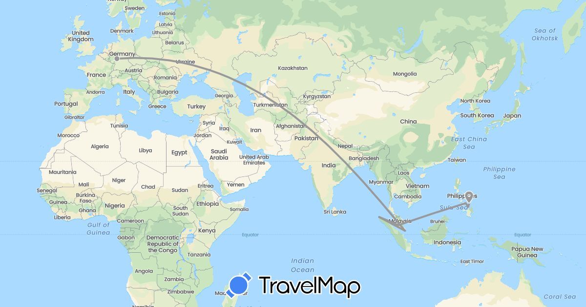 TravelMap itinerary: driving, plane in Germany, Indonesia, Malaysia, Philippines, Singapore (Asia, Europe)